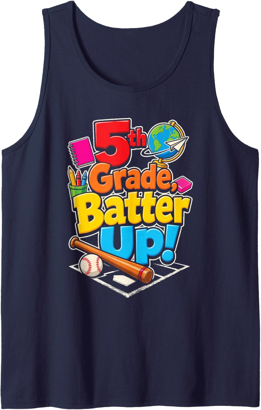 5th Grade Batter Up Baseball First Day of School Kids Sleeveless Tank Top - Navy Blue