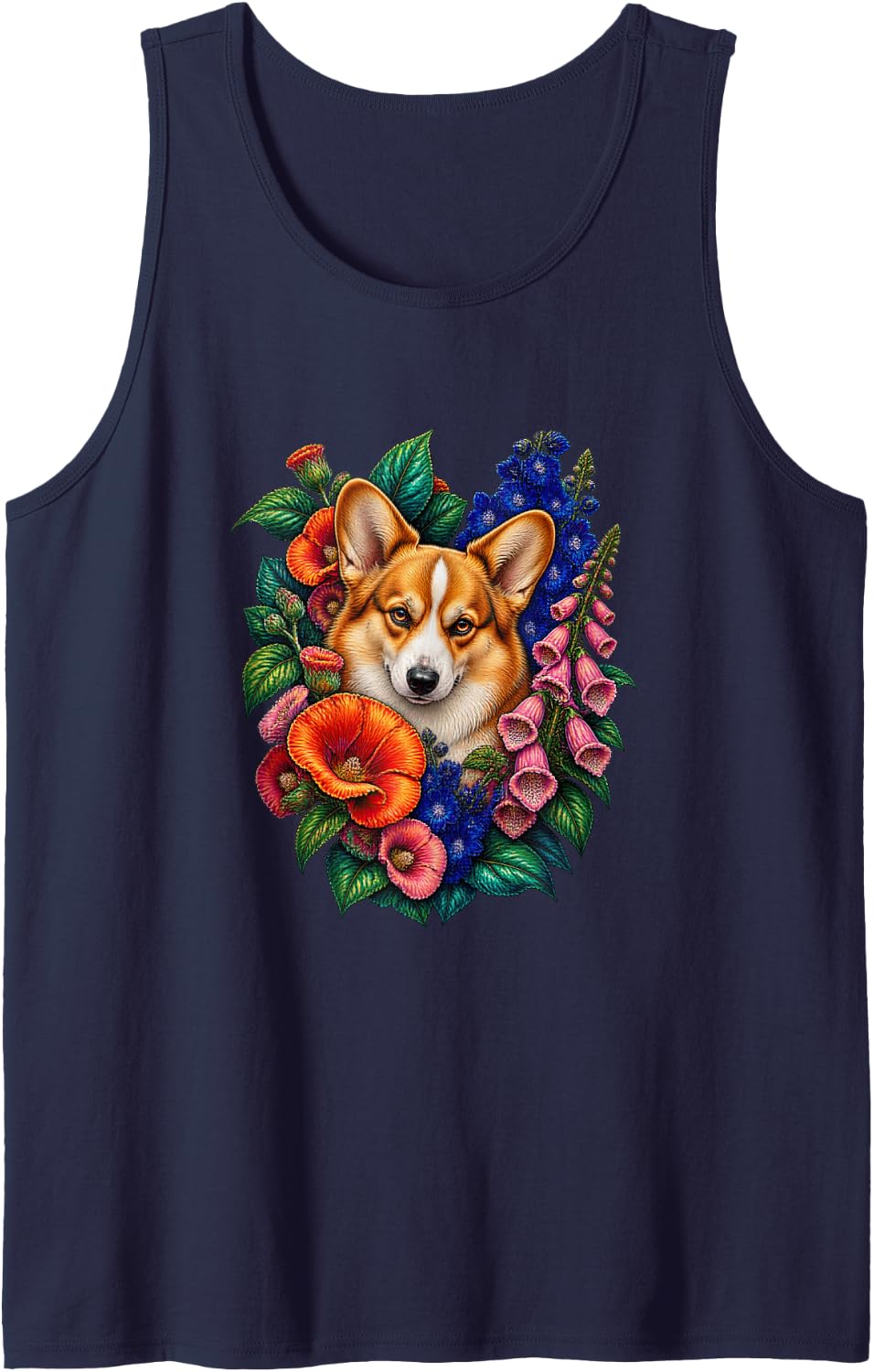 Pembroke Corgi Hollyhock Garden Art Sleeveless Tank Top - Navy Blue