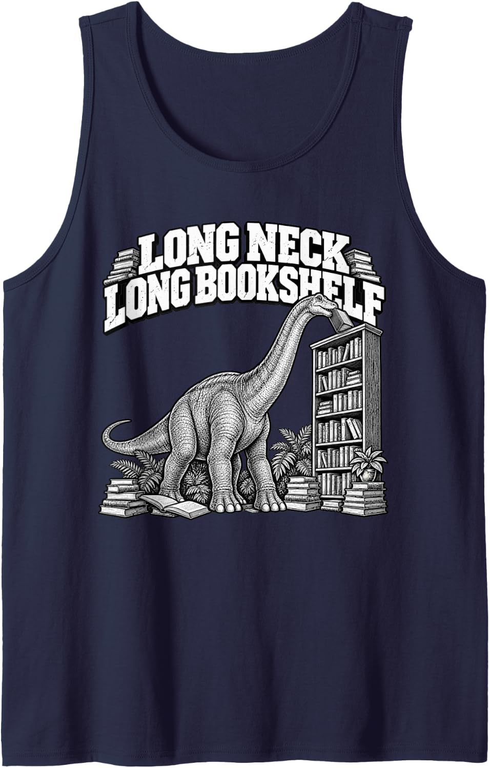 Long Neck Long Bookshelf Brachiosaurus Book Lover Dinosaur Sleeveless Tank Top - Navy Blue