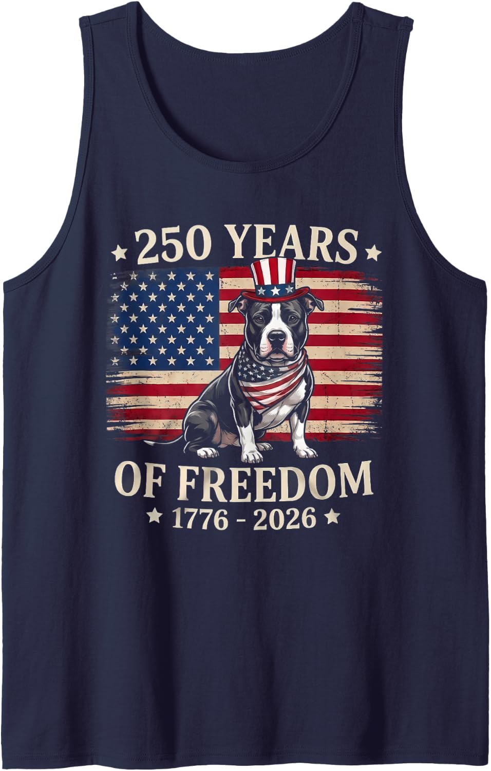 Pitbull Dog 250 Years of Freedom 1776 2026 USA Flag 4th July Tank Top - Navy Blue