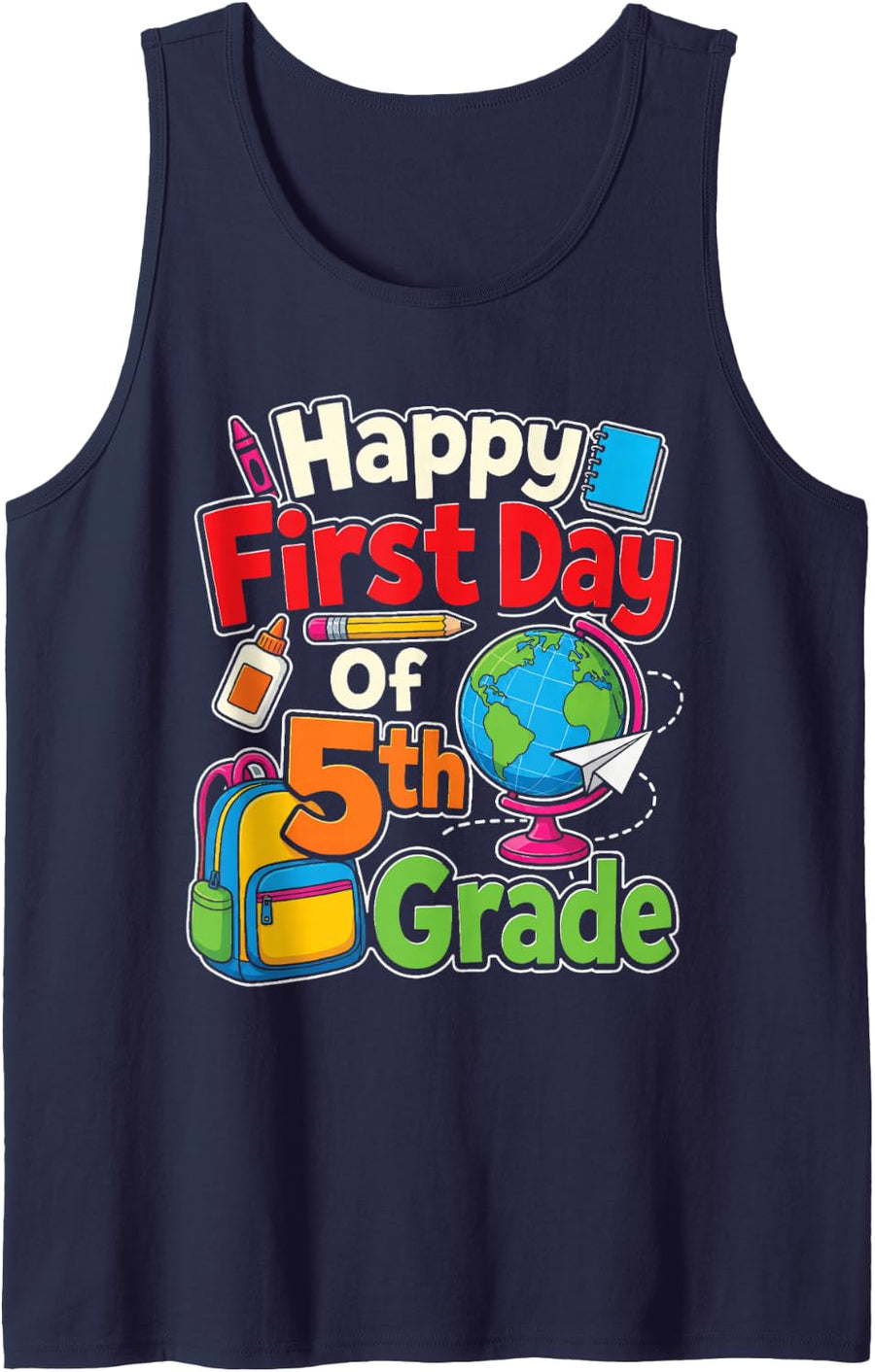 5th Grade Happy First Day of School Globe Boys Girls Sleeveless Tank Top - Navy Blue