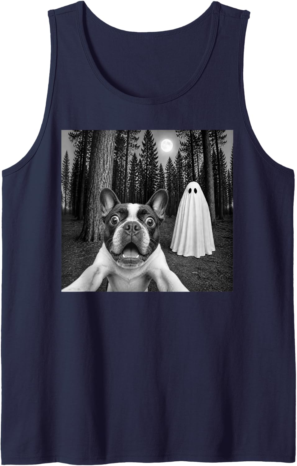 Spooky French Bulldog Selfie with Ghost Halloween Dog Sleeveless Tank Top - Navy Blue