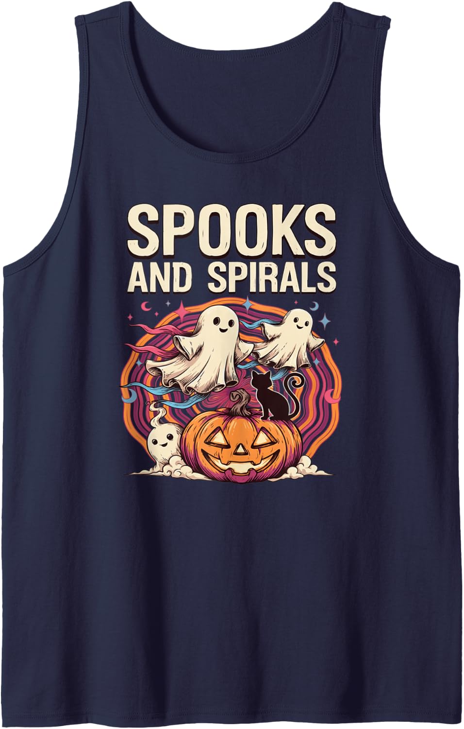 Spooky Vibes Spirals Ghosts and Cat Sleeveless Tank Top - Navy Blue