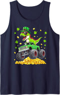 St Patricks Day Dinosaur T-rex Monster Truck Pattys Boy Men Sleeveless Tank Top - Navy Blue