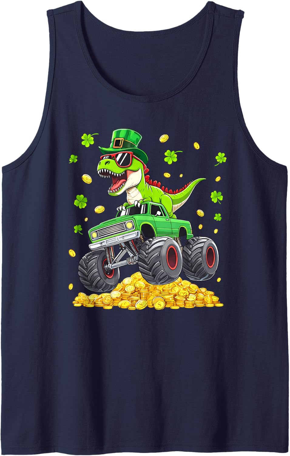St Patricks Day Dinosaur T-rex Monster Truck Pattys Boy Men Sleeveless Tank Top - Navy Blue