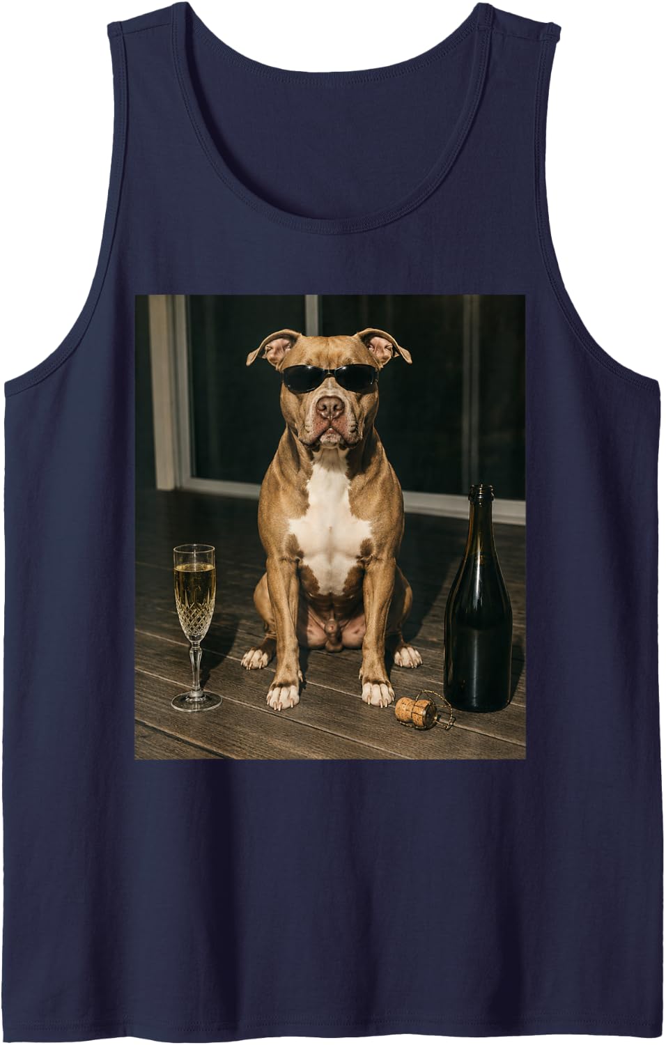 Vintage Pitbull Drinking Champagne Sunglasses Dog Lover Tank Top - Navy Blue
