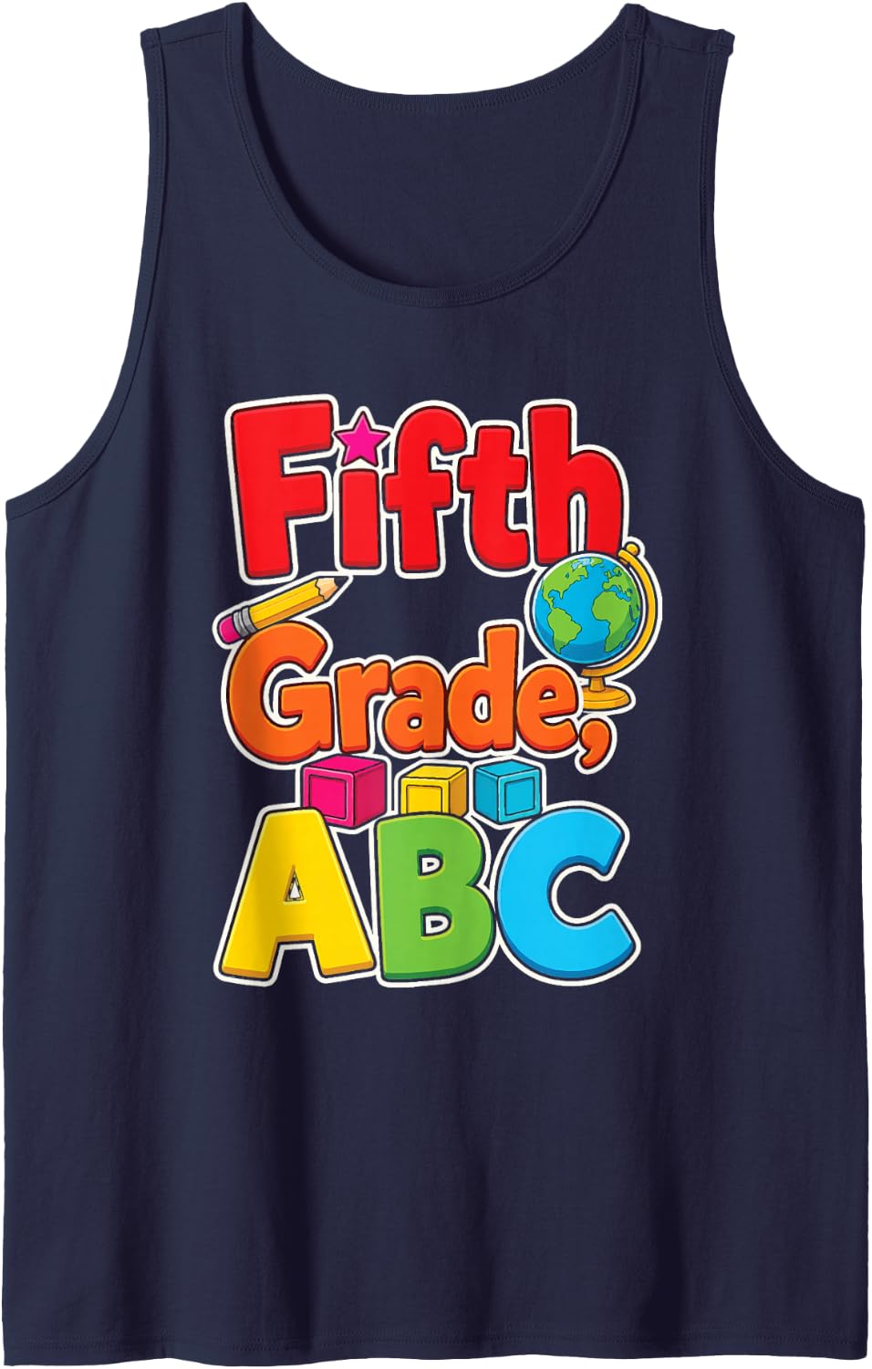 5th Grade ABC Alphabet Blocks Globe First Day of School Sleeveless Tank Top - Navy Blue