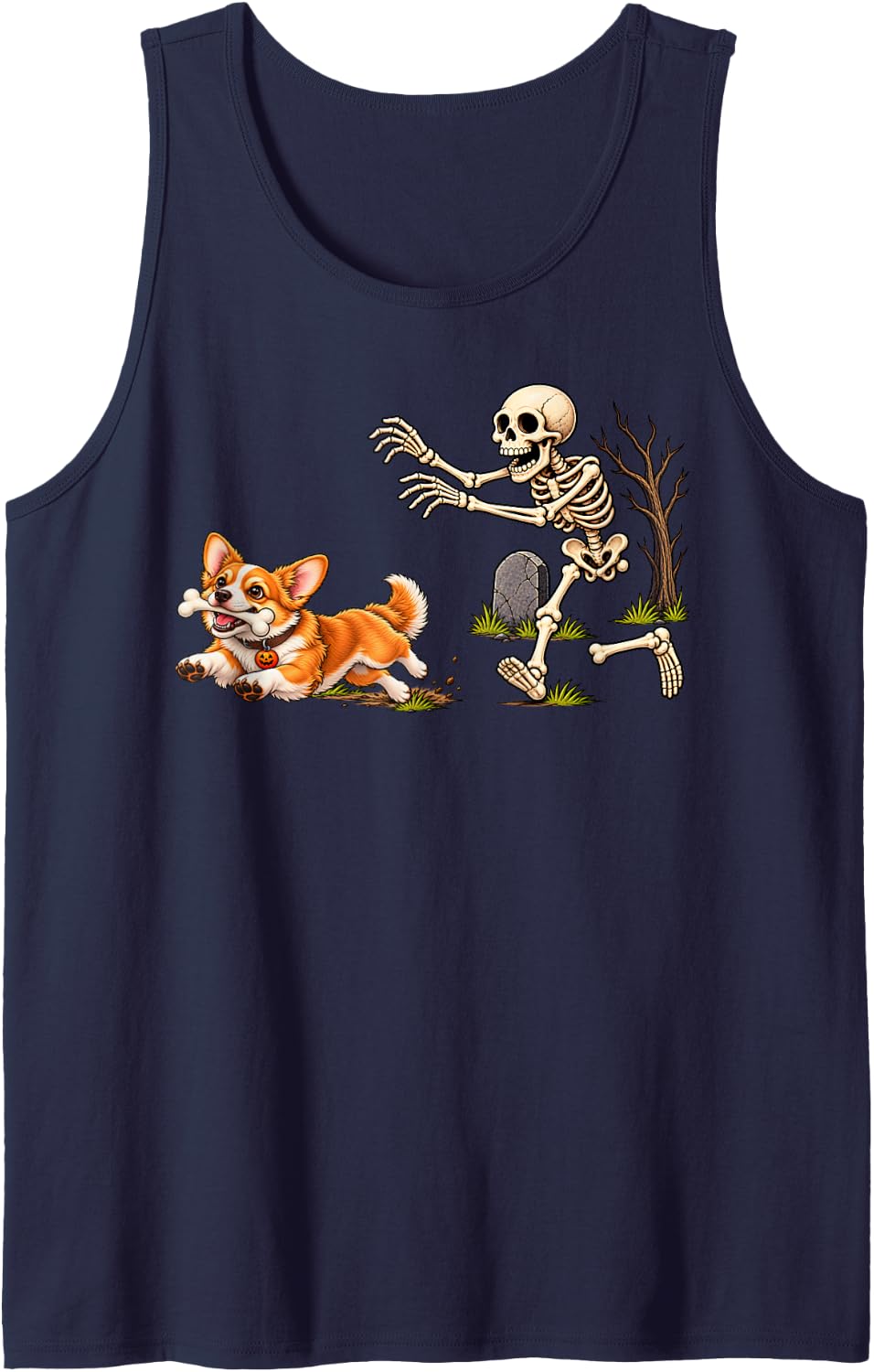 Funny Corgi Dog Stealing Bone from Skeleton Halloween Sleeveless Tank Top - Navy Blue