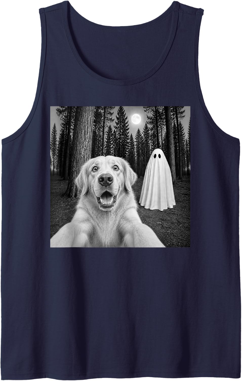 Spooky Golden Retriever Selfie with Ghost Halloween Dog Sleeveless Tank Top - Navy Blue