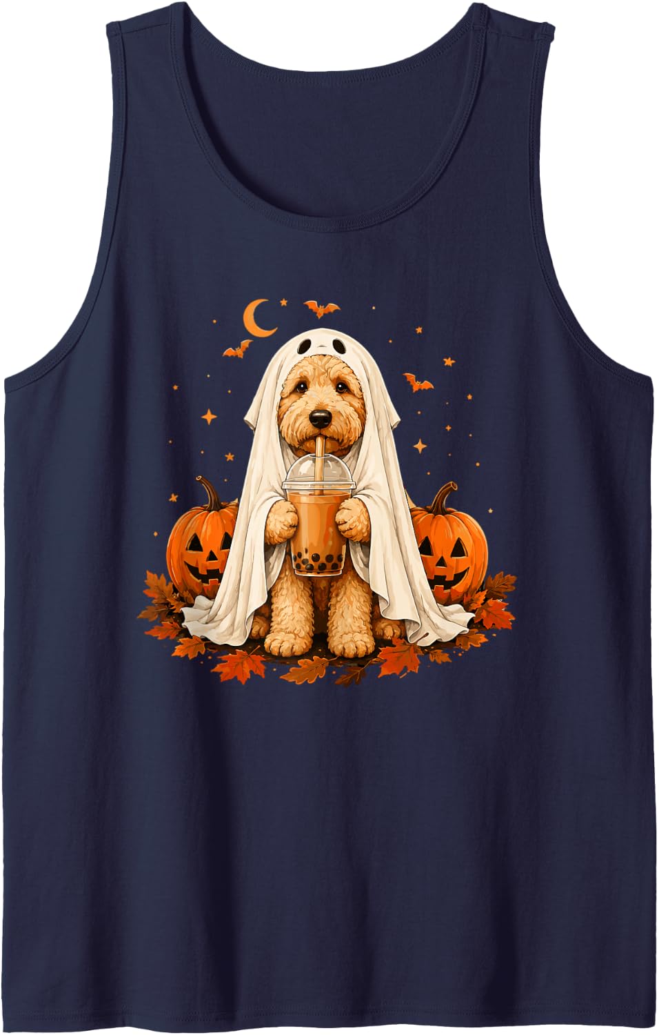Goldendoodle Ghost and Boba Cute Halloween Dog Sleeveless Tank Top - Navy Blue
