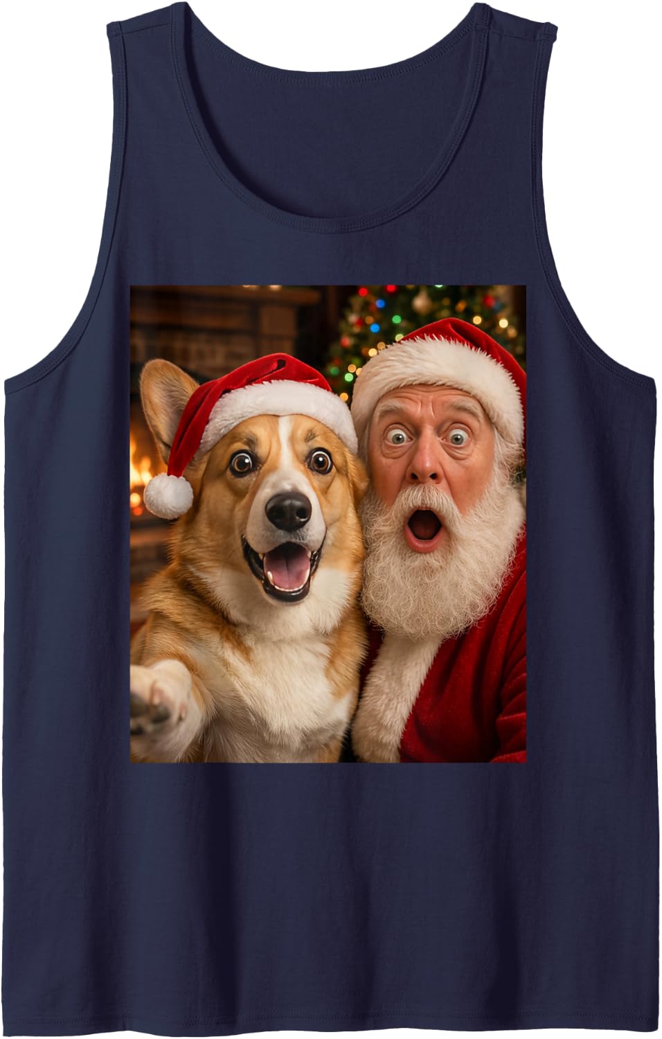 Corgi Christmas Selfie with Santa Ugly Funny Dog Sleeveless Tank Top - Navy Blue