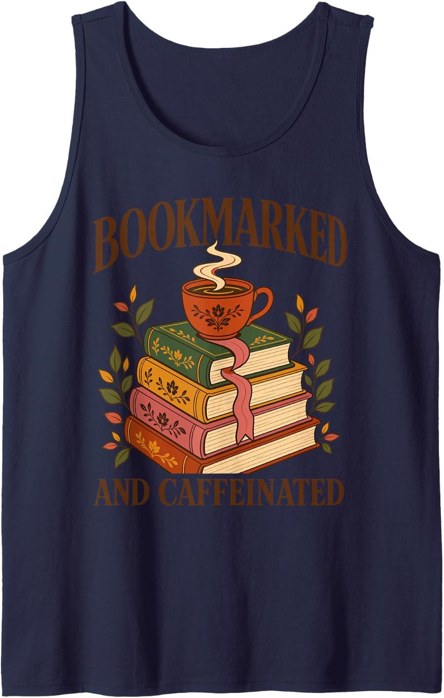Bookmarked and Caffeinated Book Lover Coffee Sleeveless Tank Top - Navy Blue