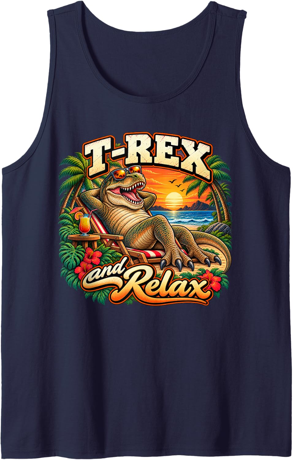 T-Rex and Relax Funny Dinosaur Beach Vacation Summer Sleeveless Tank Top - Navy Blue
