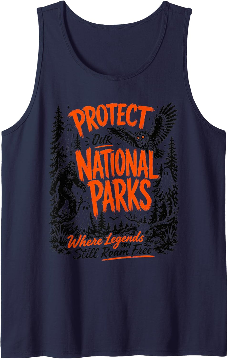 Funny Spooky Wilderness National Parks Sasquatch Camping Sleeveless Tank Top - Navy Blue