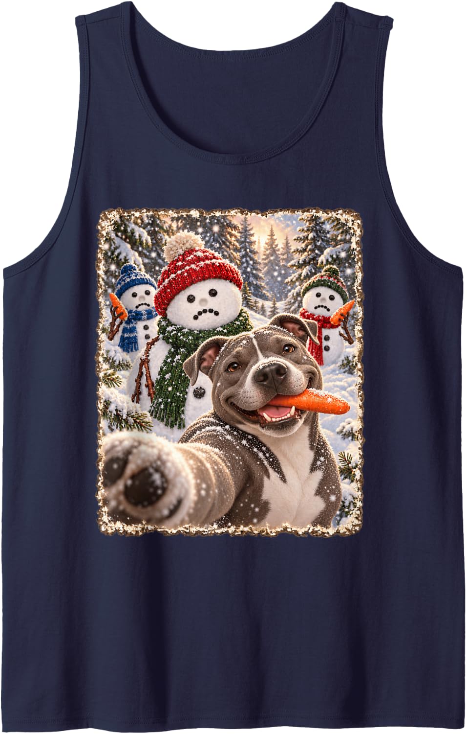 Funny Pitbull Jolly Christmas Snowman Selfie Sleeveless Tank Top - Navy Blue