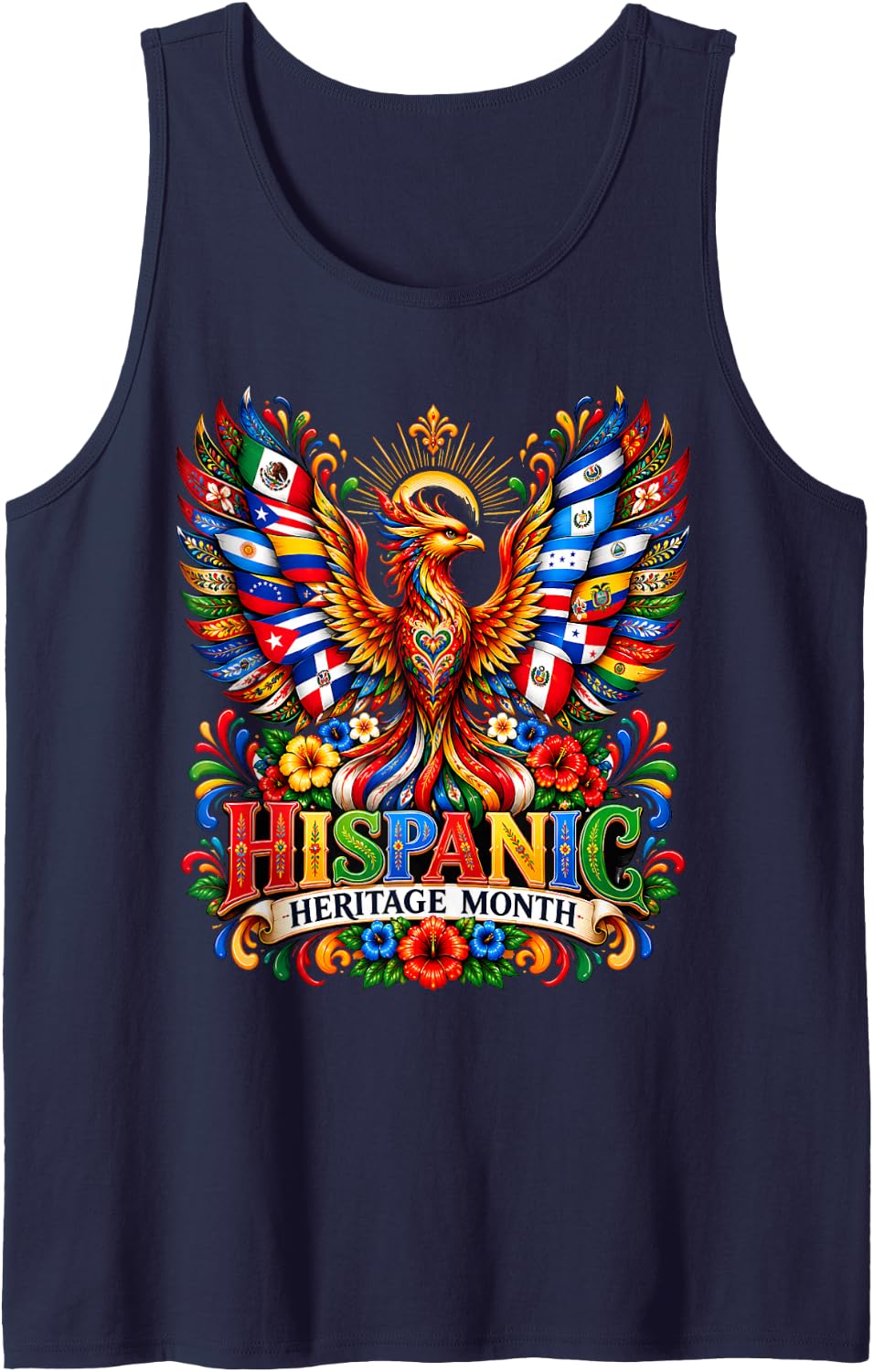 Hispanic Heritage Month Phoenix Latino Flags Floral Phoenix Sleeveless Tank Top - Navy Blue