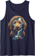 Goldendoodle Howling to The Moon Meme 90s Animal Dog Sleeveless Tank Top - Navy Blue