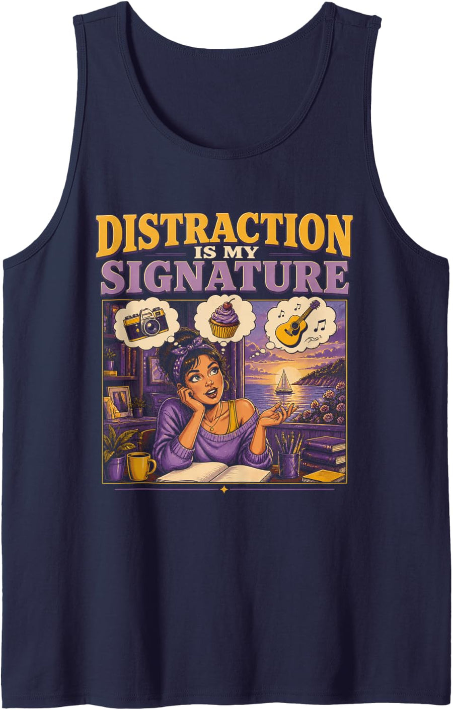 Distraction is My Signature ADHD Funny Women Pop Art Sleeveless Tank Top - Navy Blue