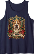Pitbull Dog Lover Vintage Roses Floral Sleeveless Tank Top - Navy Blue