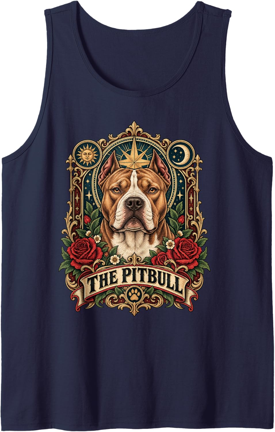 Pitbull Dog Lover Vintage Roses Floral Sleeveless Tank Top - Navy Blue