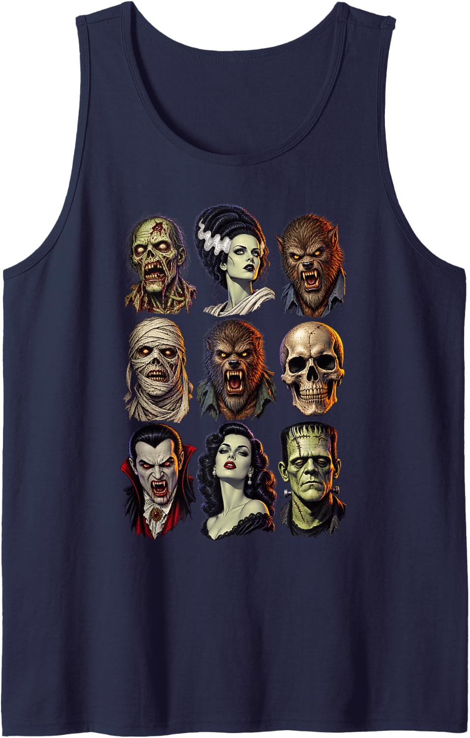 Vintage 90s Monster Mash Ghost Skeleton Vampire Halloween Sleeveless Tank Top - Navy Blue