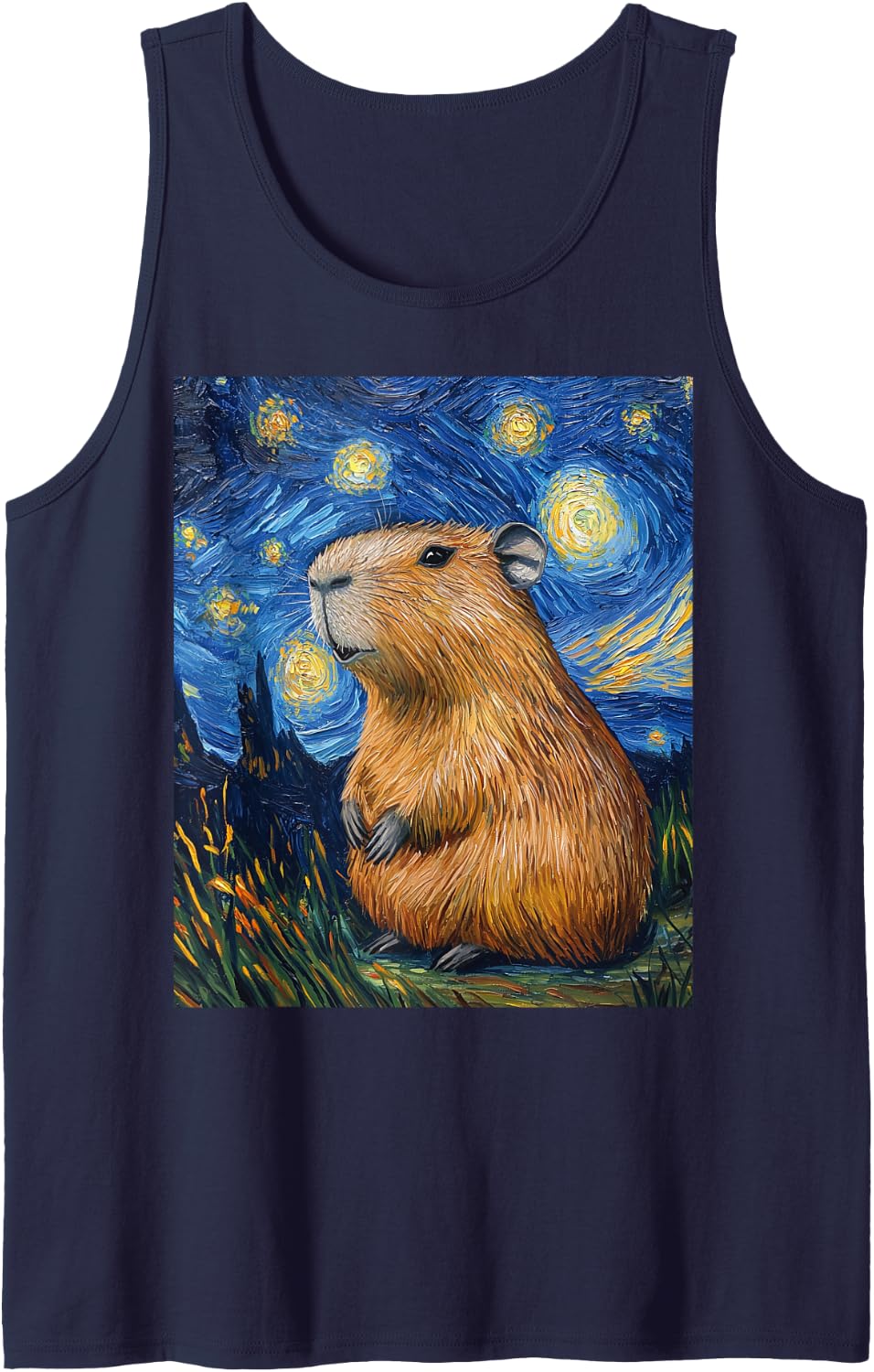 Capybara Van Gogh Style Starry Night Funny Graphic Sleeveless Tank Top - Navy Blue