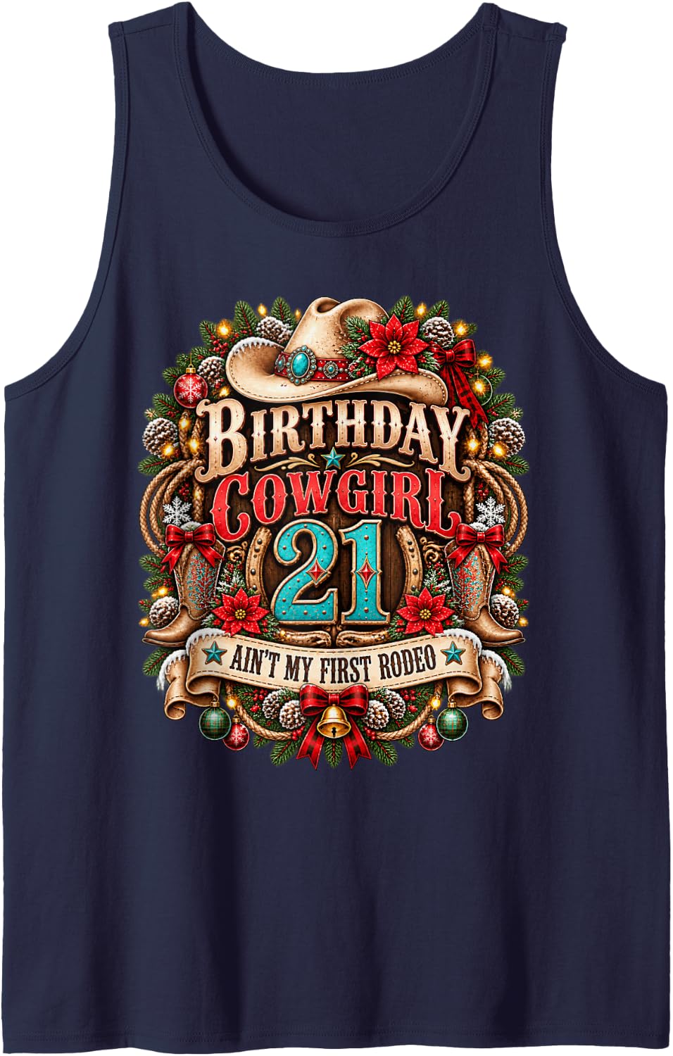21st Birthday Cowgirl Christmas Rodeo 21 Yr Old Western Girl Sleeveless Tank Top - Navy Blue