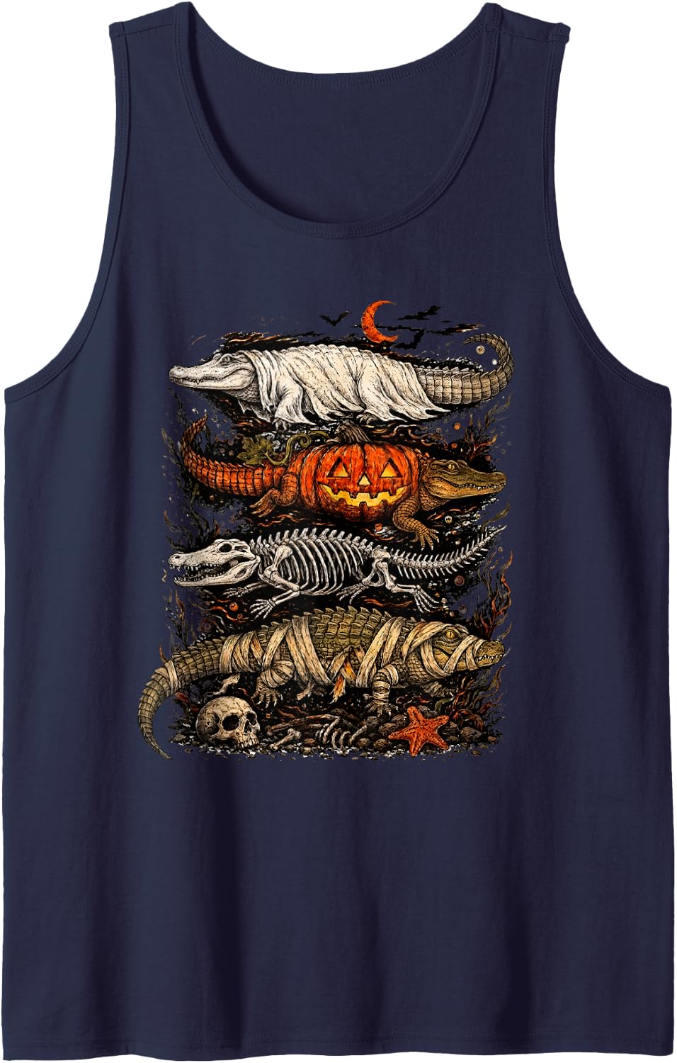 Halloween Alligator Ghost Pumpkin Skeleton Mummy Sleeveless Tank Top - Navy Blue