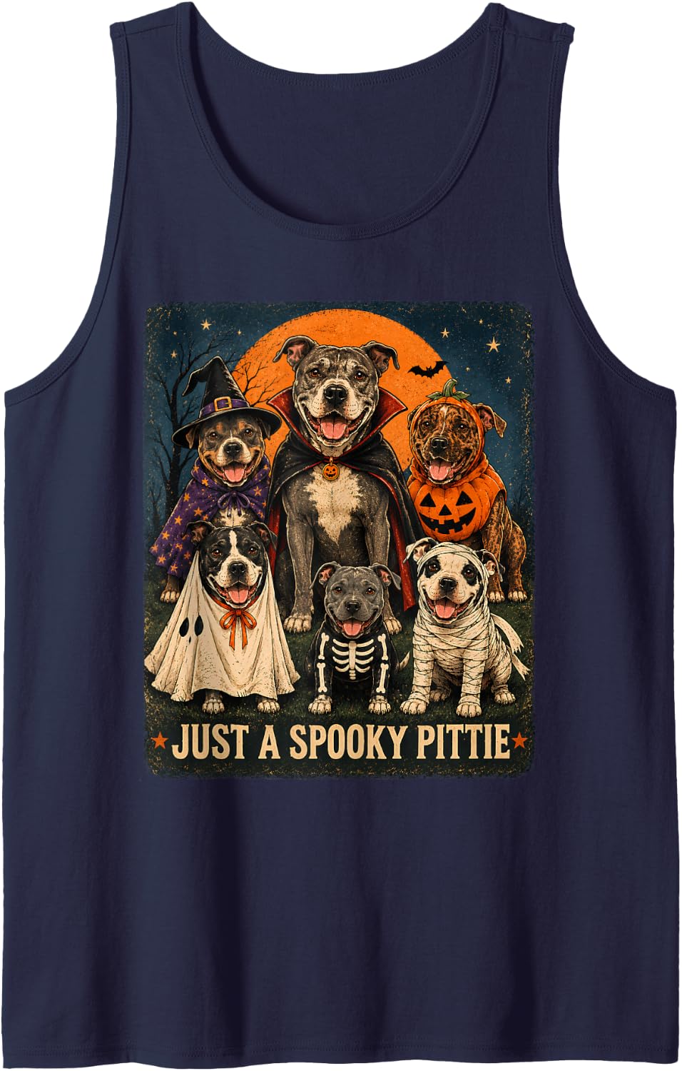Just A Spooky Pittie Ghost Pumpkin Mummy Pitbull Halloween Sleeveless Tank Top - Navy Blue