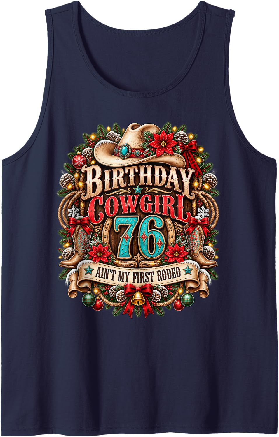 76th Birthday Cowgirl Christmas Rodeo 76 Yr Old Western Girl Sleeveless Tank Top - Navy Blue
