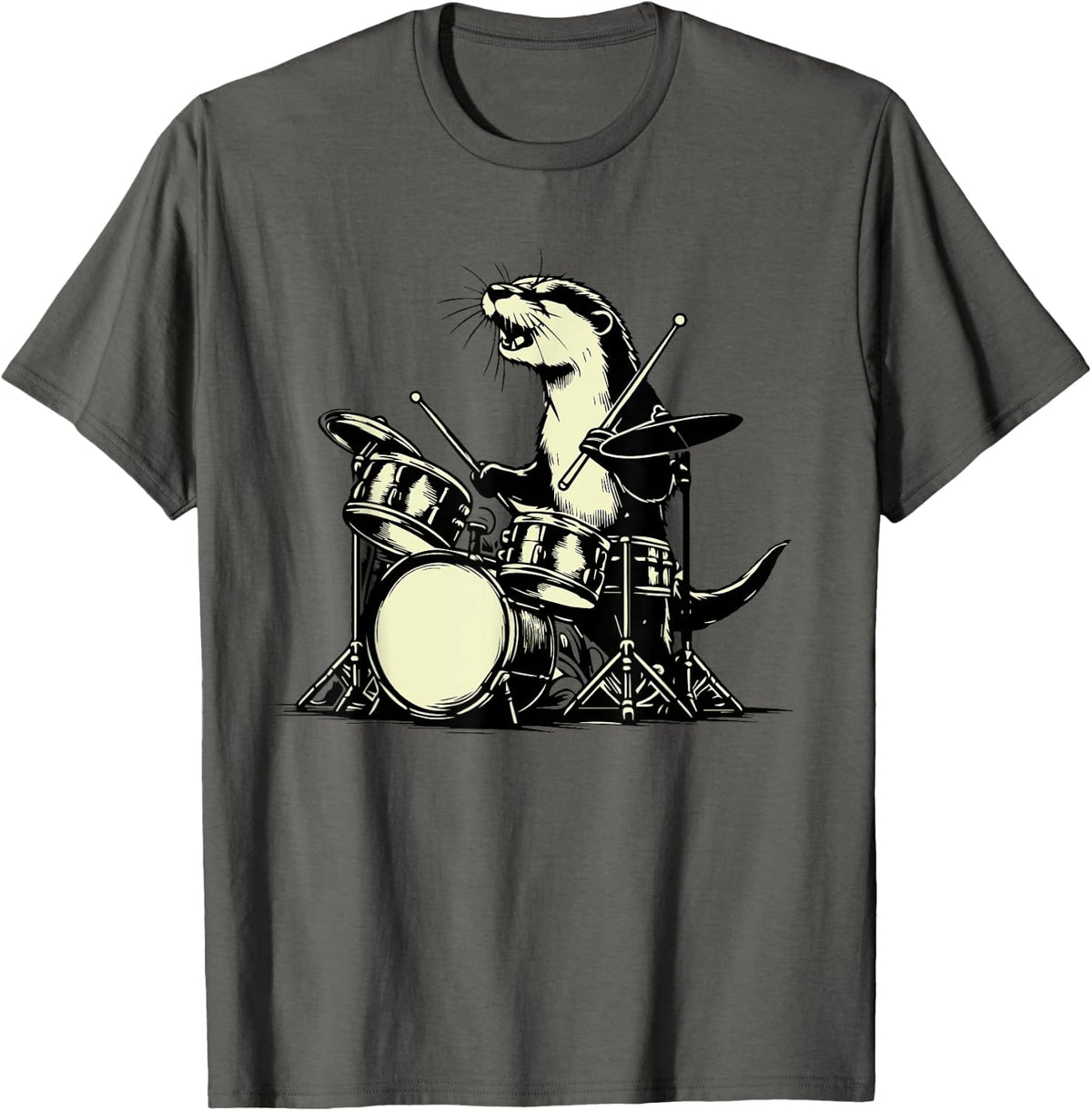Otter Drummer Rock Retro Drummer Sea Otter Playing Drums T-Shirt - Asphalt Grey