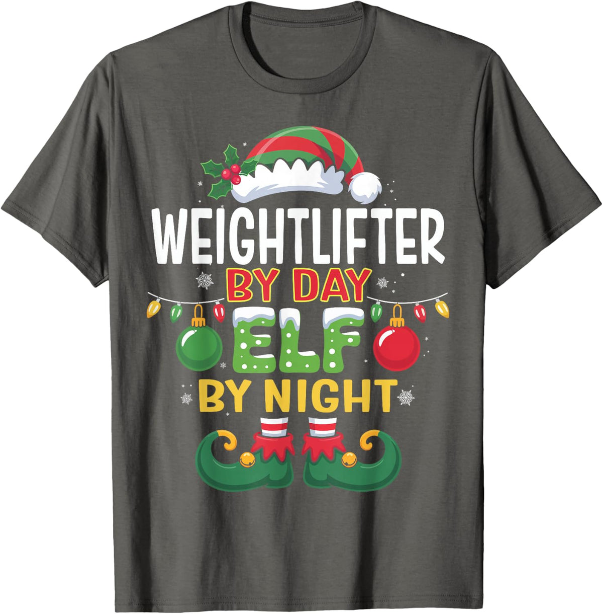 Christmas Weightlifter By Day Elf By Night Matching T-Shirt - Asphalt Grey