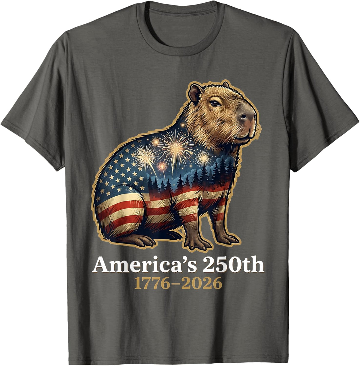 Capybara America's 250th Anniversary 1776 2026 4th of July T-Shirt - Asphalt Grey