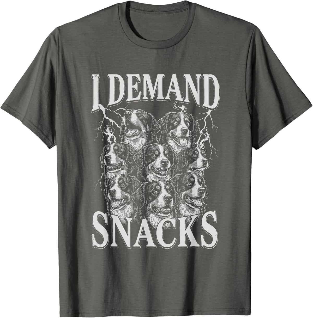 Bernese Mountain Dog I Demand Snacks Meme T-Shirt - Asphalt Grey