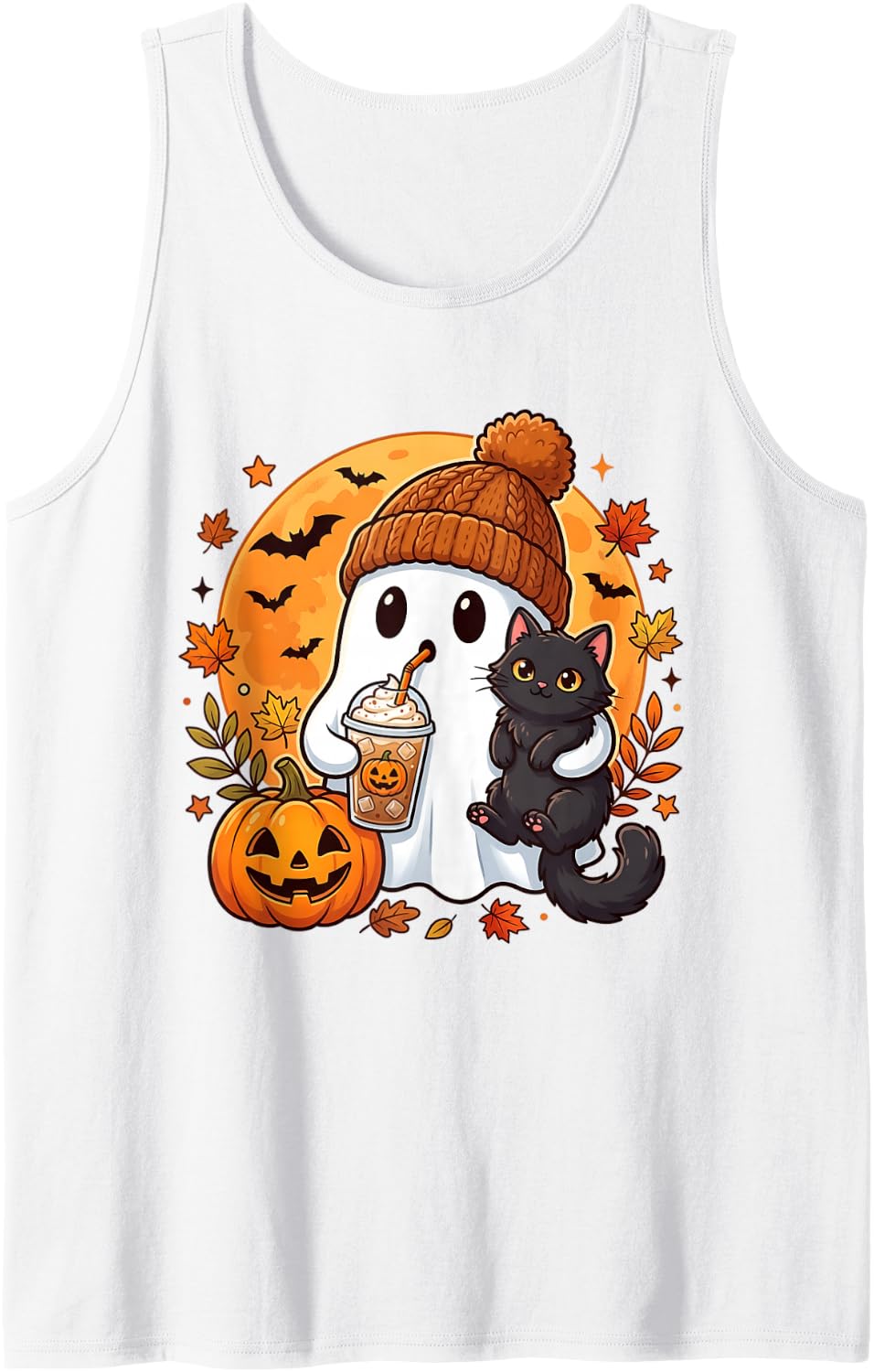 Halloween Ghost Black Cat Iced Coffee Pumpkin Fall Autumn Sleeveless Tank Top - White