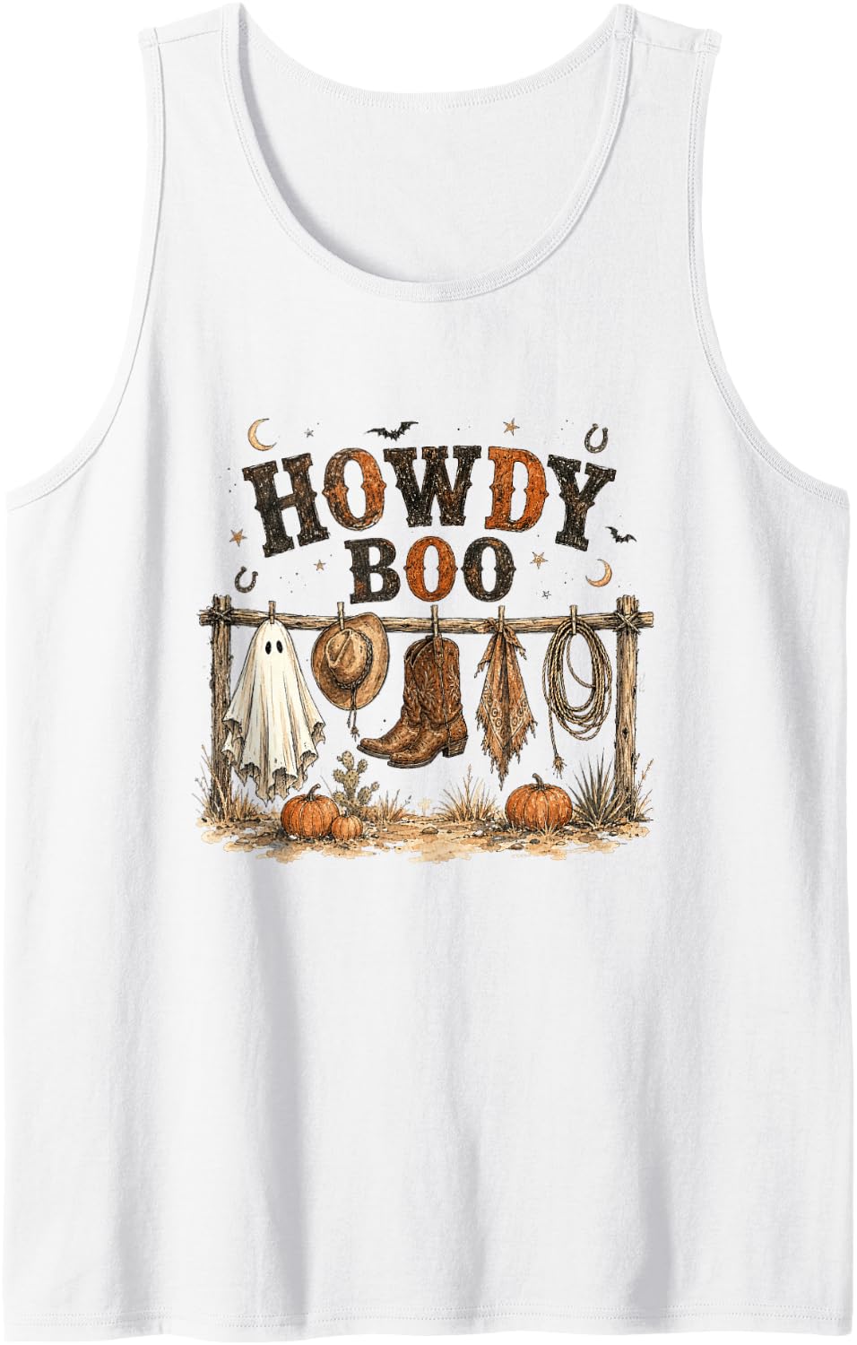 Howdy Boo Ghost Western Halloween Cowboy Cowgirl Pumpkin Sleeveless Tank Top - White