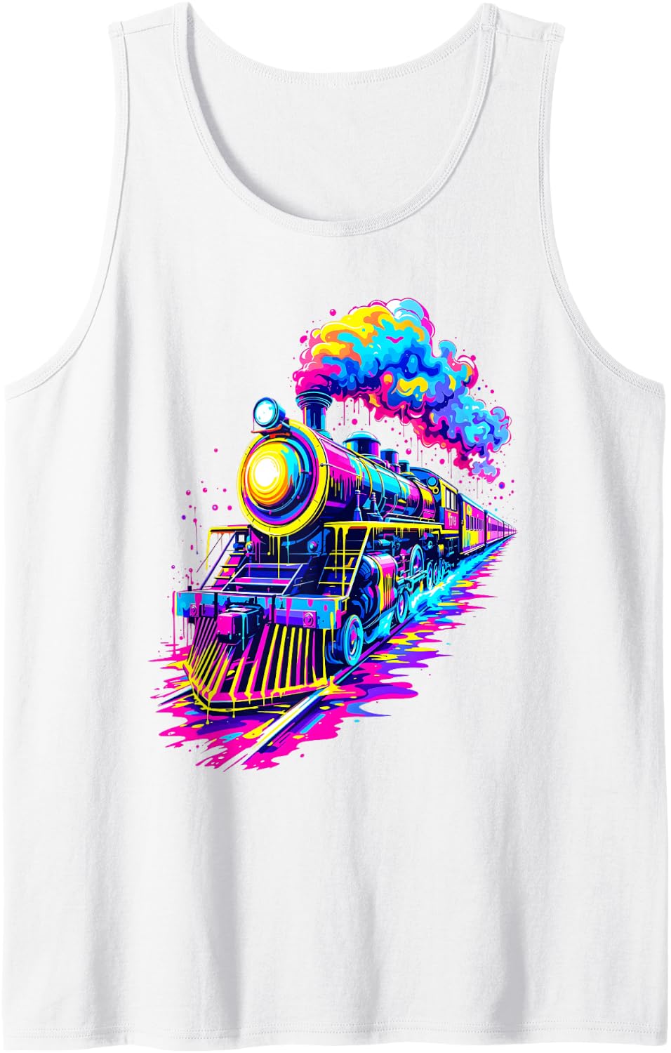 Steam Train Steam Engine Train Drip Paint Style Men Women Tank Top - White