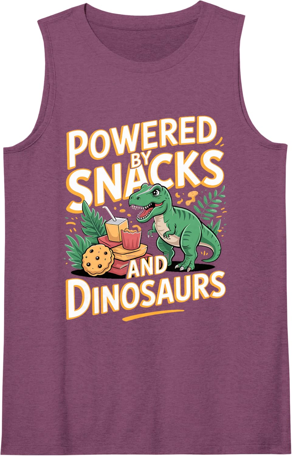 Powered By Snacks and Dinosaurs Dinosaur Dino Lover Sleeveless Tank Top - Purple