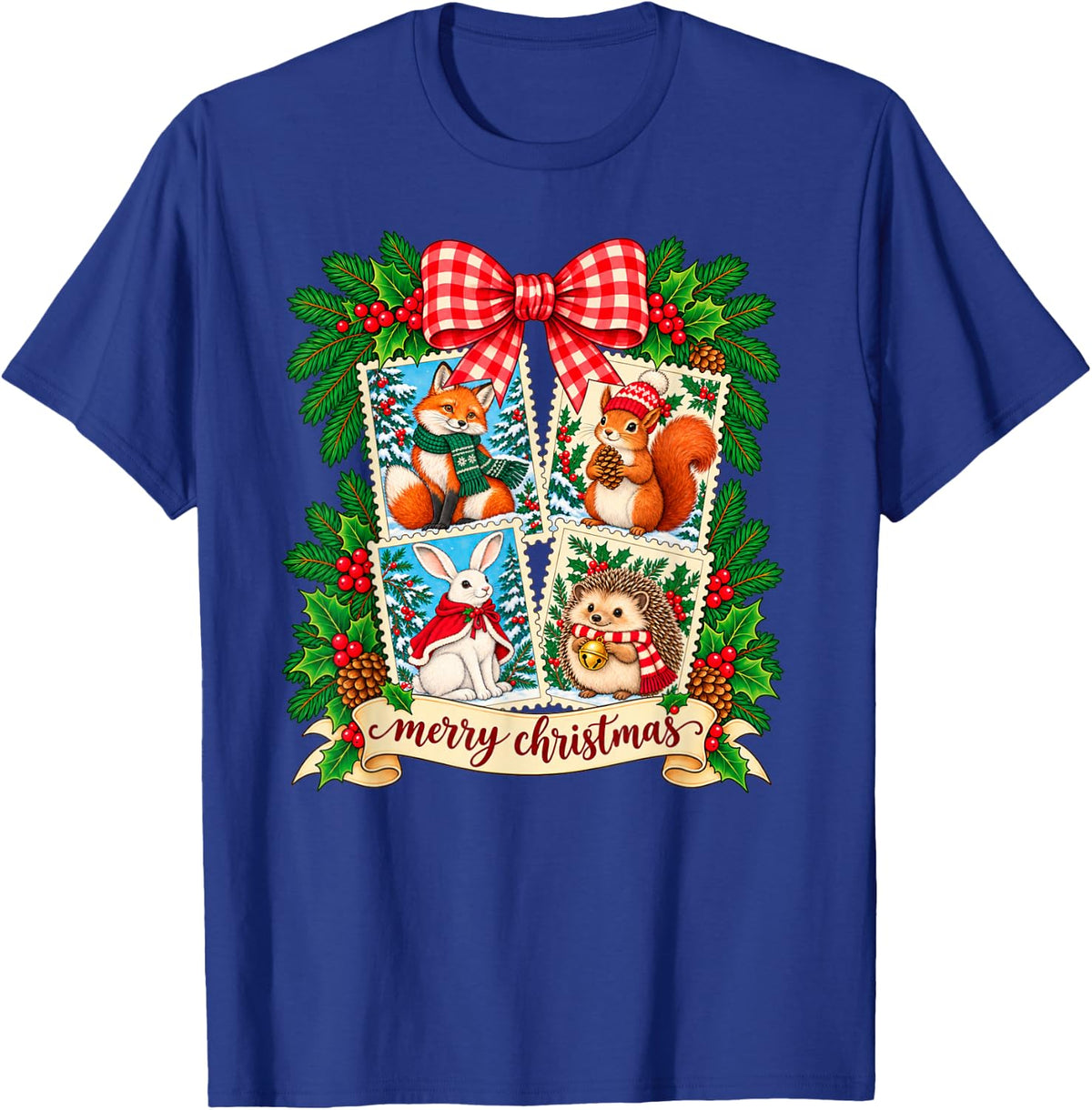 Christmas Cute Fox Squirrel Rabbit Hedgehog Stamp Collage T-Shirt - Royal Blue