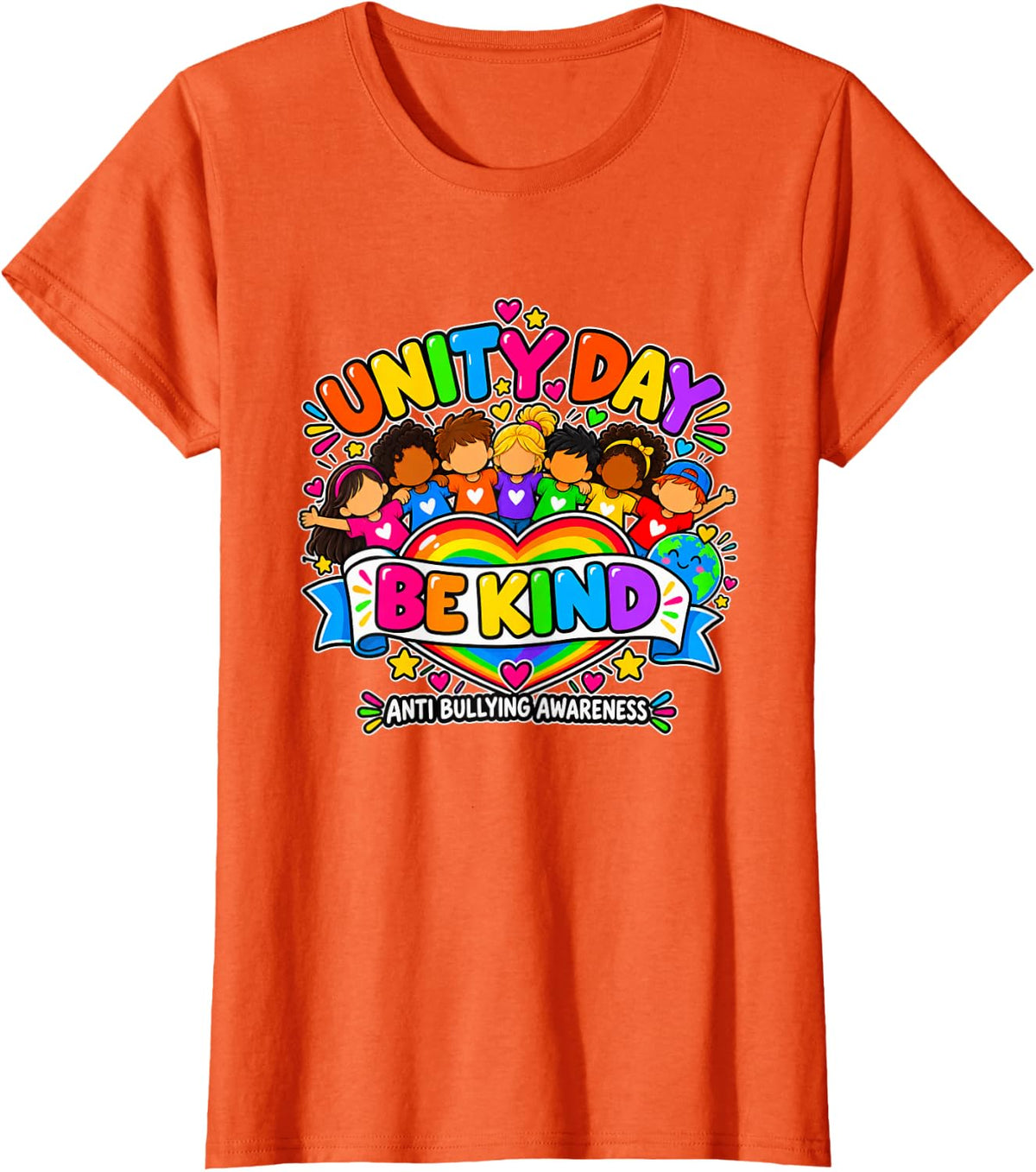 Unity Day Be Kind Anti Bullying Awareness Rainbow Heart T-Shirt - Orange