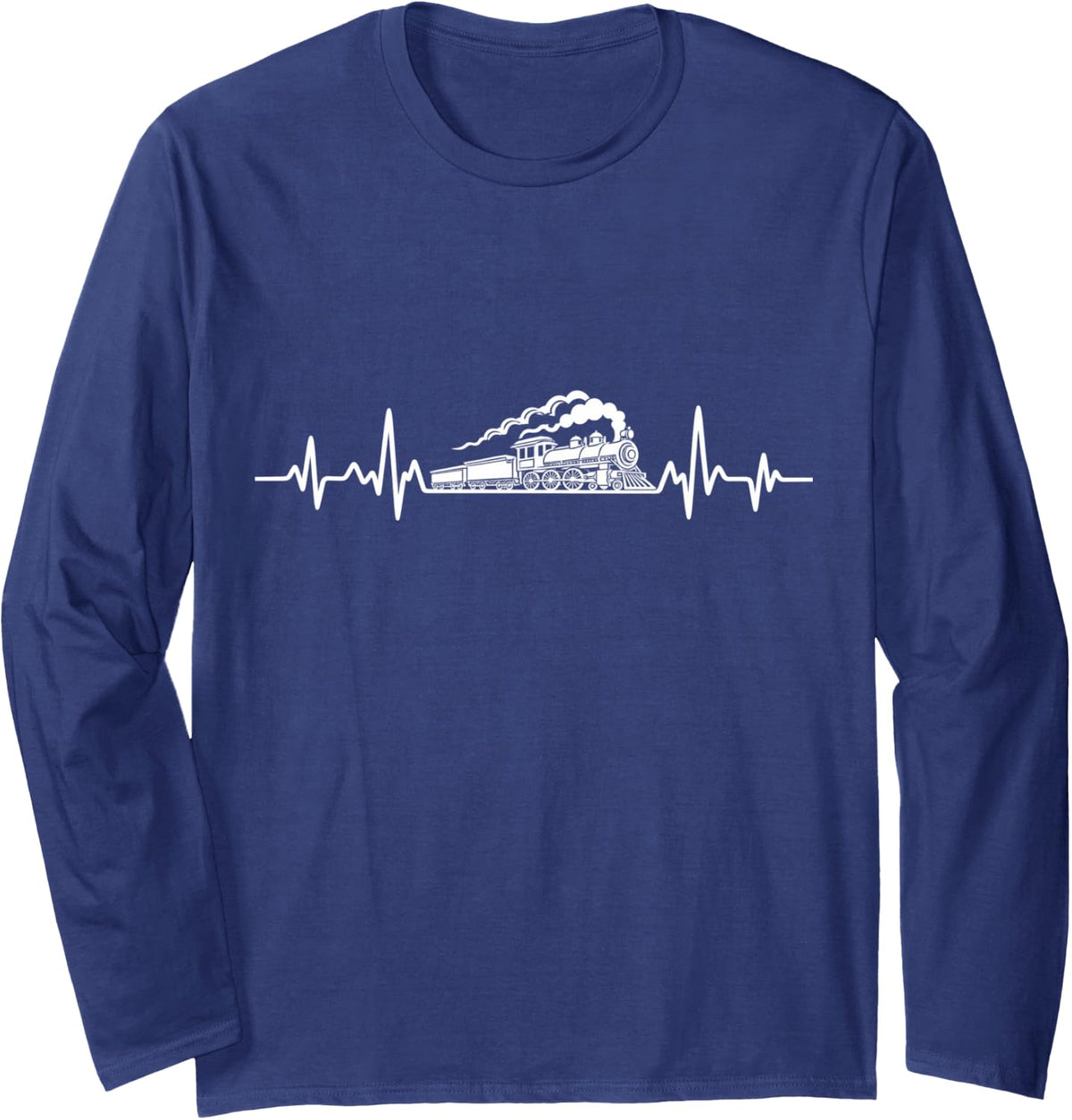 Train, Heartbeat, Steam Locomotive Railroad Lover Long Sleeve T-Shirt - Adult Unisex Navy Blue