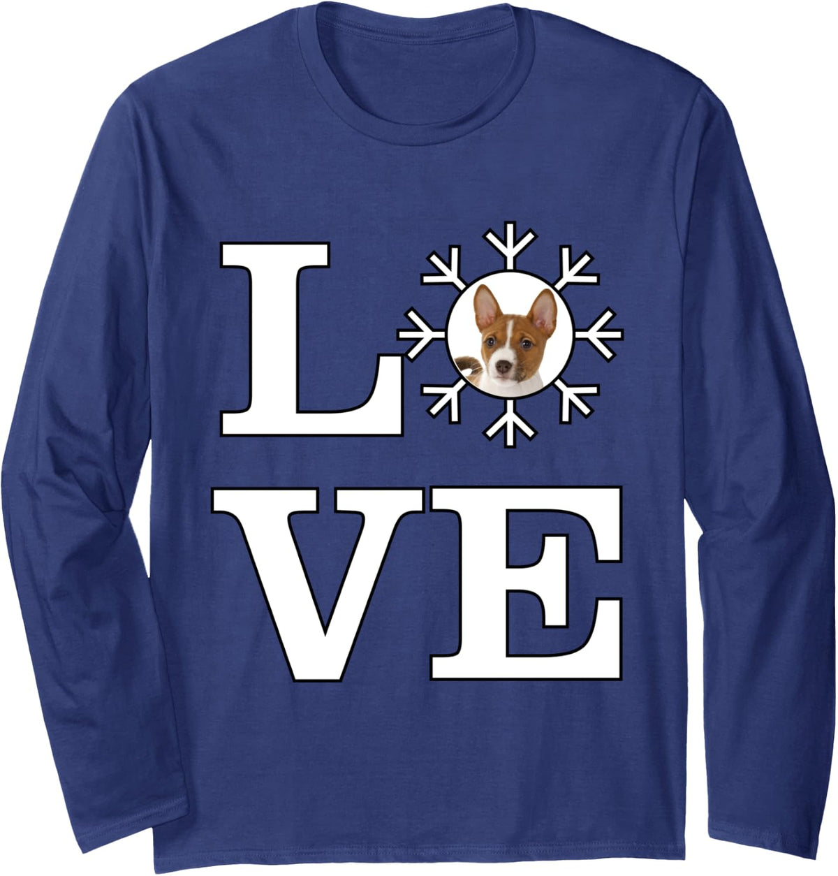 Love Snowflake Dog Basenji Long Sleeve T-Shirt - Adult Unisex Navy Blue