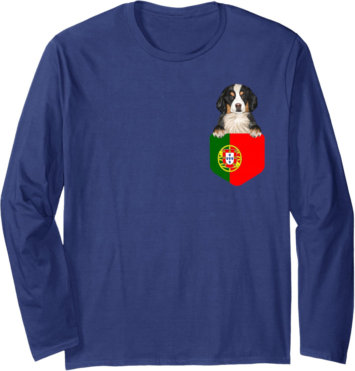 Portugal Flag Bernese Mountain Dog Dog in Pocket Long Sleeve T-Shirt - Adult Unisex Navy Blue