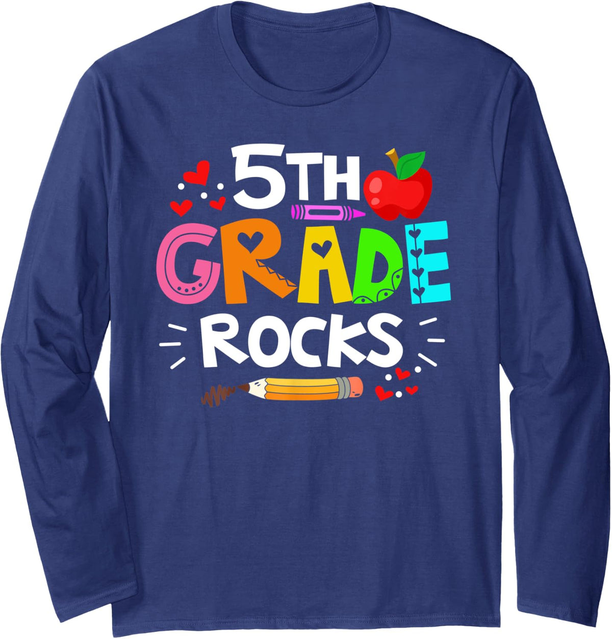 5th Grade Rocks Cute Rocking Fifth Grade Student Teacher Long Sleeve T-Shirt - Adult Unisex Navy Blue