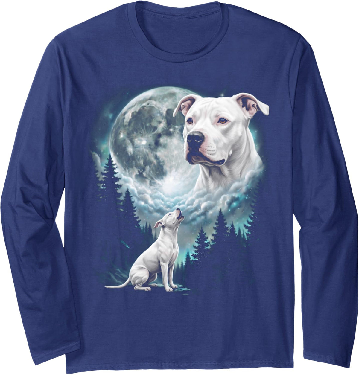 Pitbull Howling at Moon Retro 90's Pittie Dog Long Sleeve T-Shirt - Adult Unisex Navy Blue
