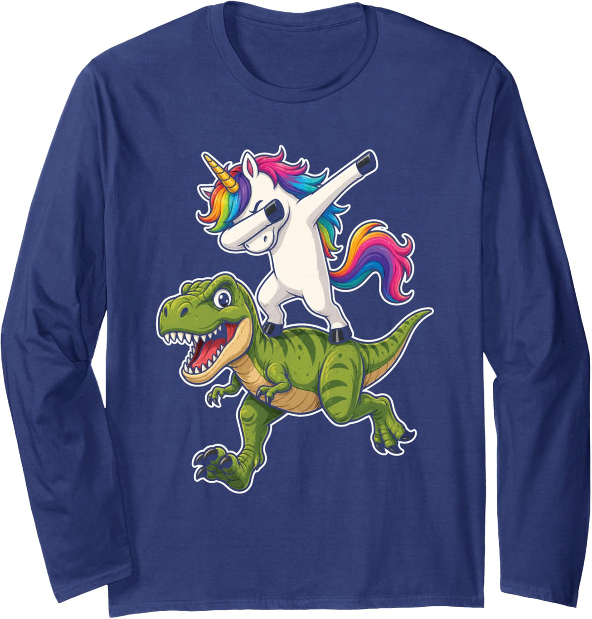 Dabbing Unicorn Riding Dinosaur T Rex Funny Dab Kids Long Sleeve T-Shirt - Adult Unisex Navy Blue