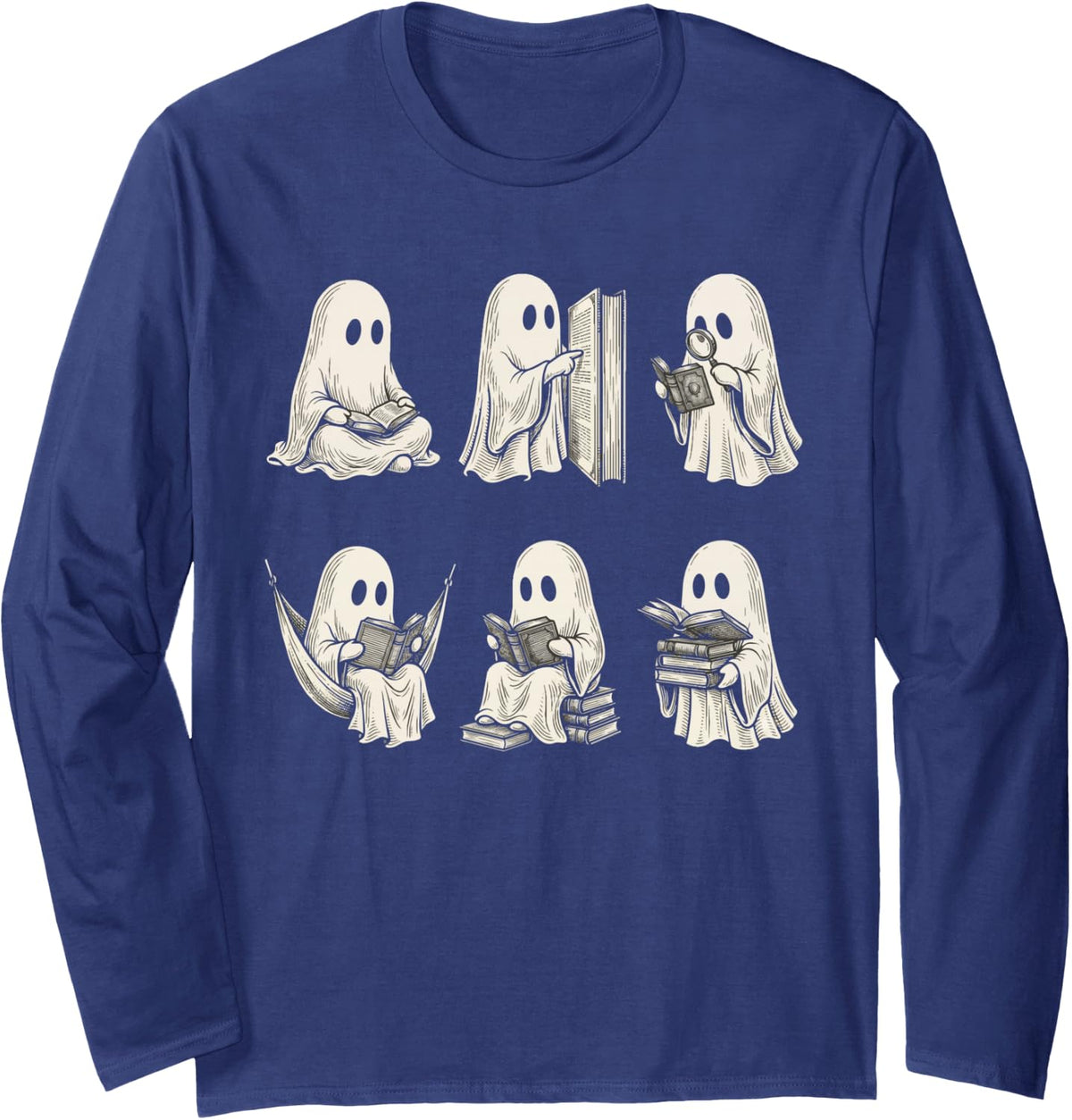 Ghost Reading Book Halloween Cute Book Lover Librarian Funny Long Sleeve T-Shirt - Adult Unisex Navy Blue