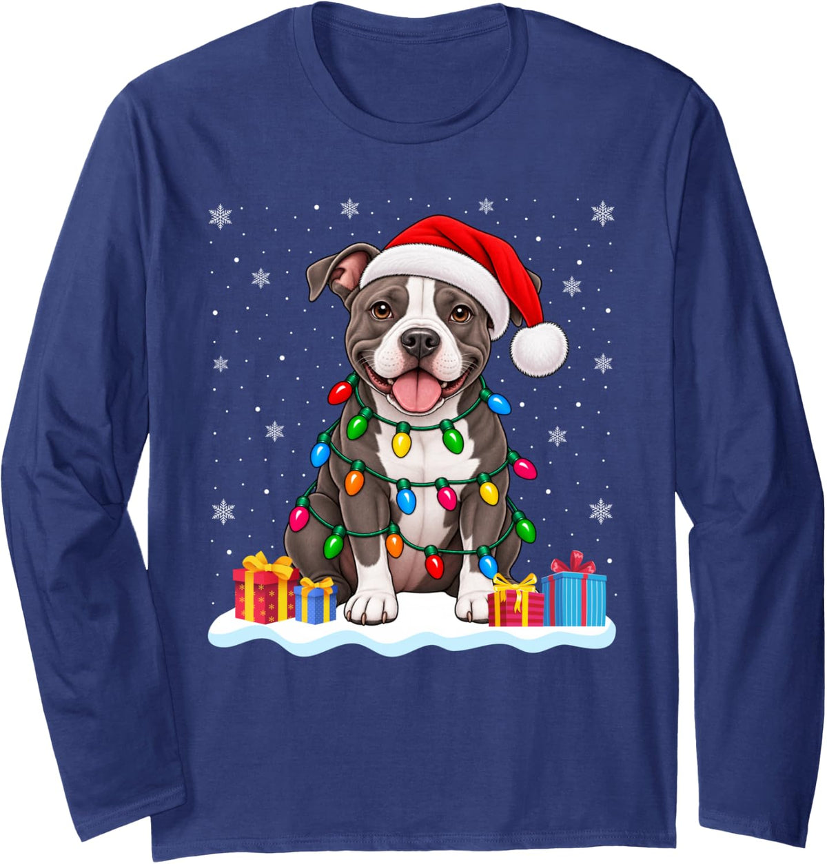 Funny Pitbull Christmas Sweater Santa Hat Dog Long Sleeve T-Shirt - Adult Unisex Navy Blue