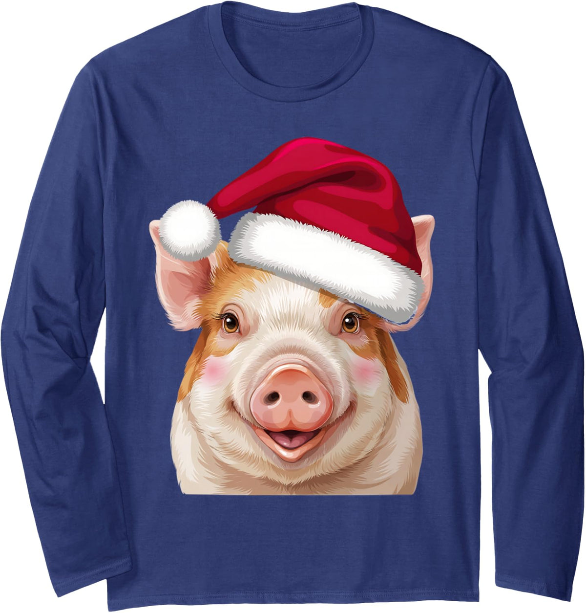 Funny Pig Santa Hat Christmas Animal Lover Men Women Kids Long Sleeve T-Shirt - Adult Unisex Navy Blue