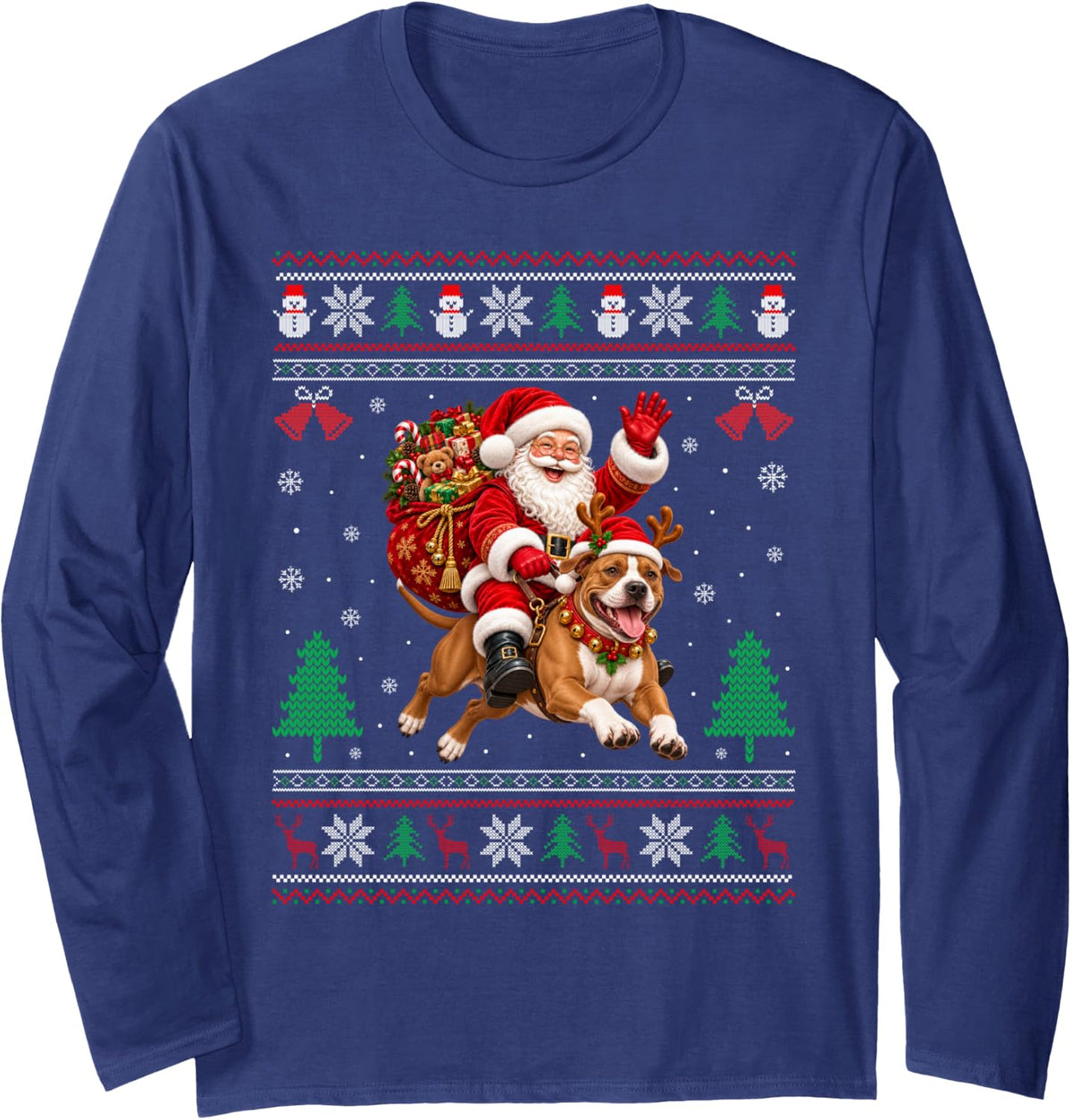 Pitbull Ugly Christmas Sweater Santa Riding Dog Xmas Long Sleeve T-Shirt - Adult Unisex Navy Blue